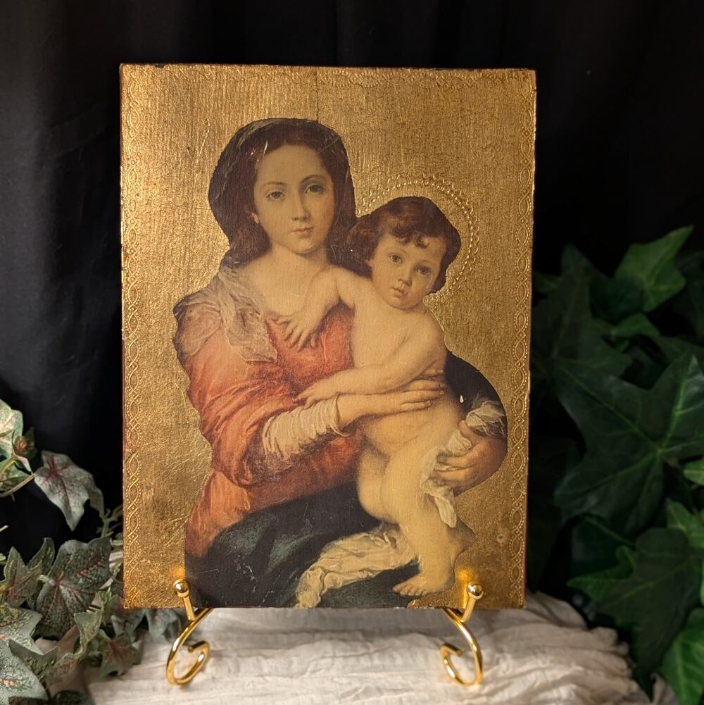 Vintage Murillo Madonna Child Italian Plaque Gold Gilt Religious Icon Catholic